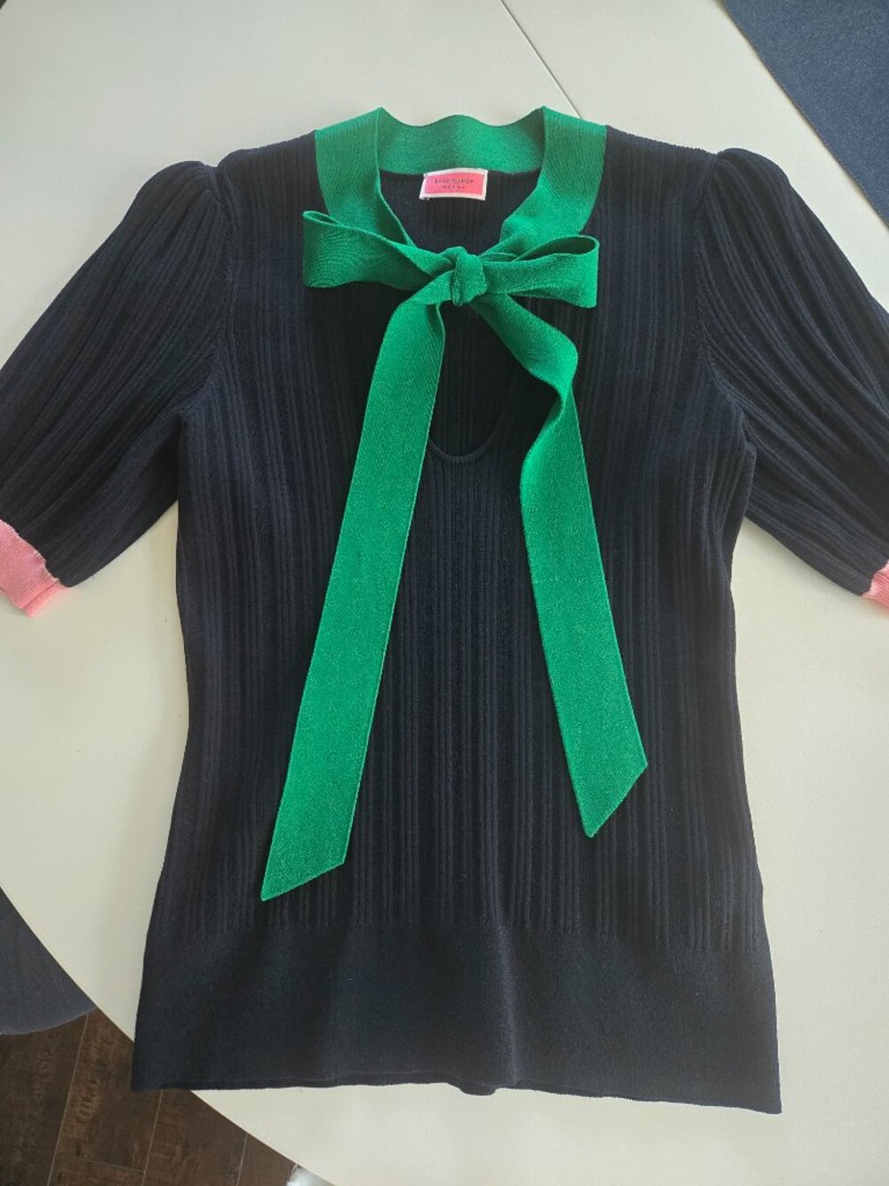 KATE SPADE Size S Navy Color Block Bow Neck Short Sleeve Sweater Knit Top - Picture 5 of 5